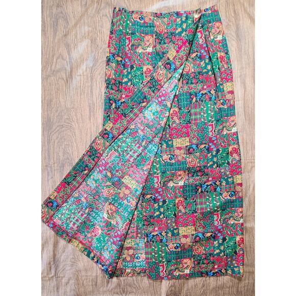 Vintage Christmas Women's Med Paisley Patchwork Print Maxi Skirt Wrap Cotton USA - Picture 3 of 9
